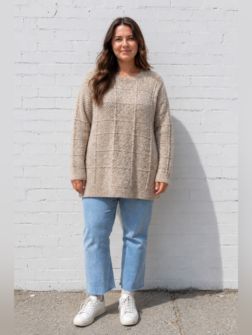 Lands End Brown Tan Cable Knit Fisherman Crewneck Pullover Tunic Sweater Size XL